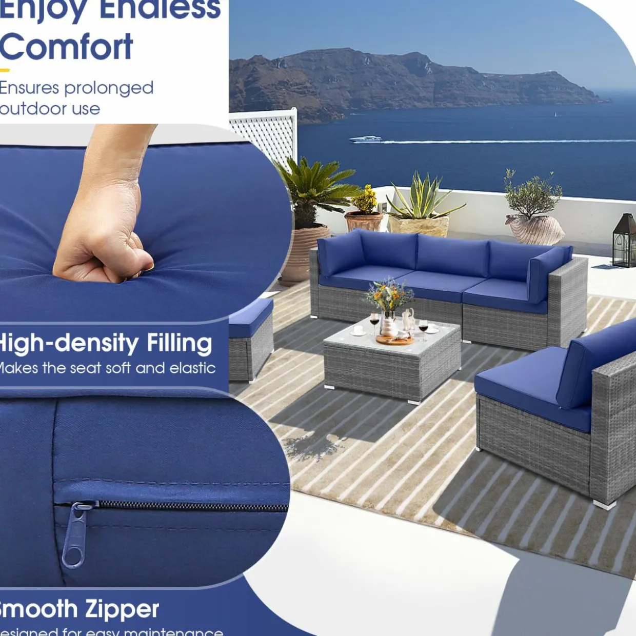 Outdoor Wicker Furniture Set with Tempered Glass Coffee Table, Comfy Seat & Back Cushions