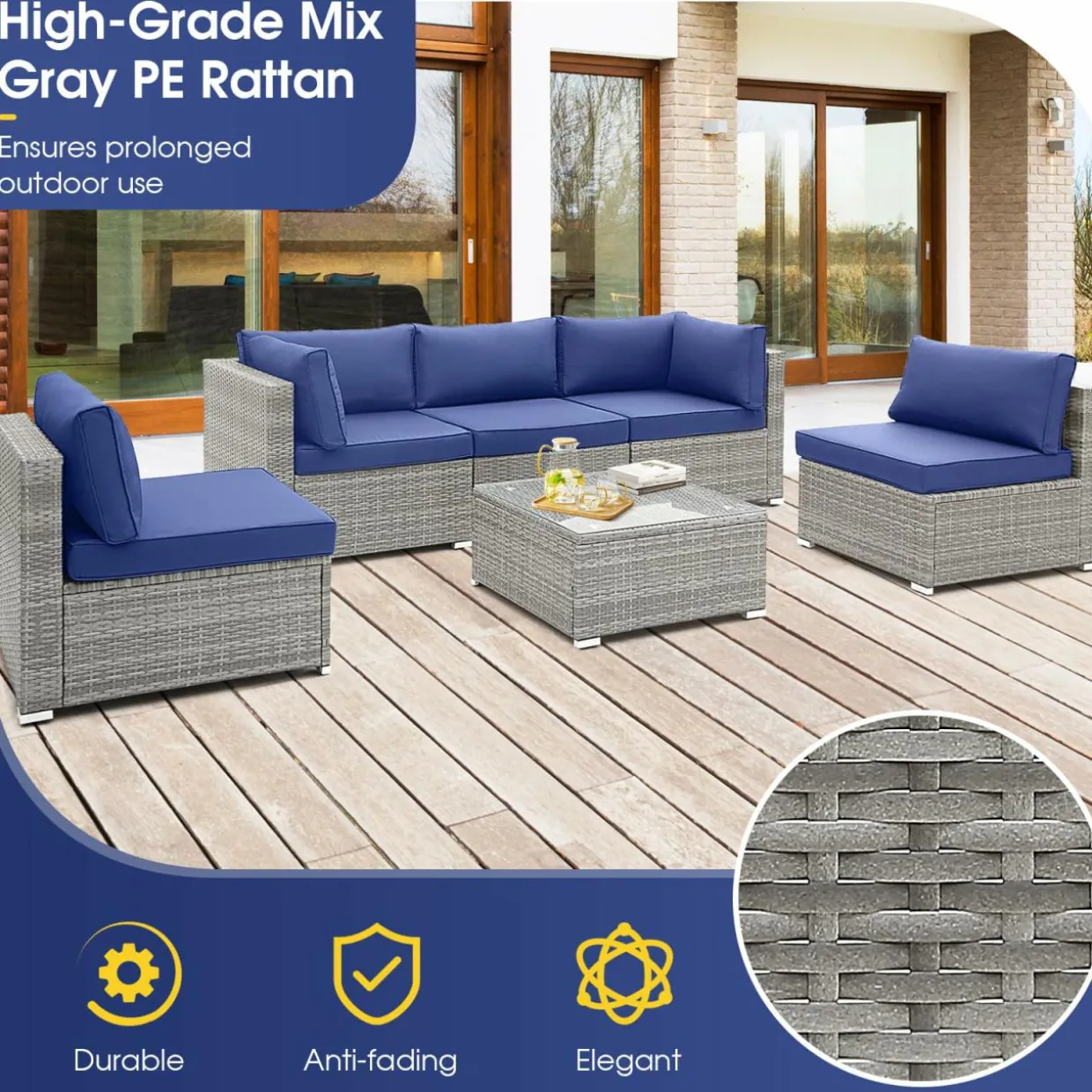 Outdoor Wicker Furniture Set with Tempered Glass Coffee Table, Comfy Seat & Back Cushions
