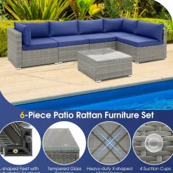 Outdoor Wicker Furniture Set with Tempered Glass Coffee Table, Comfy Seat & Back Cushions