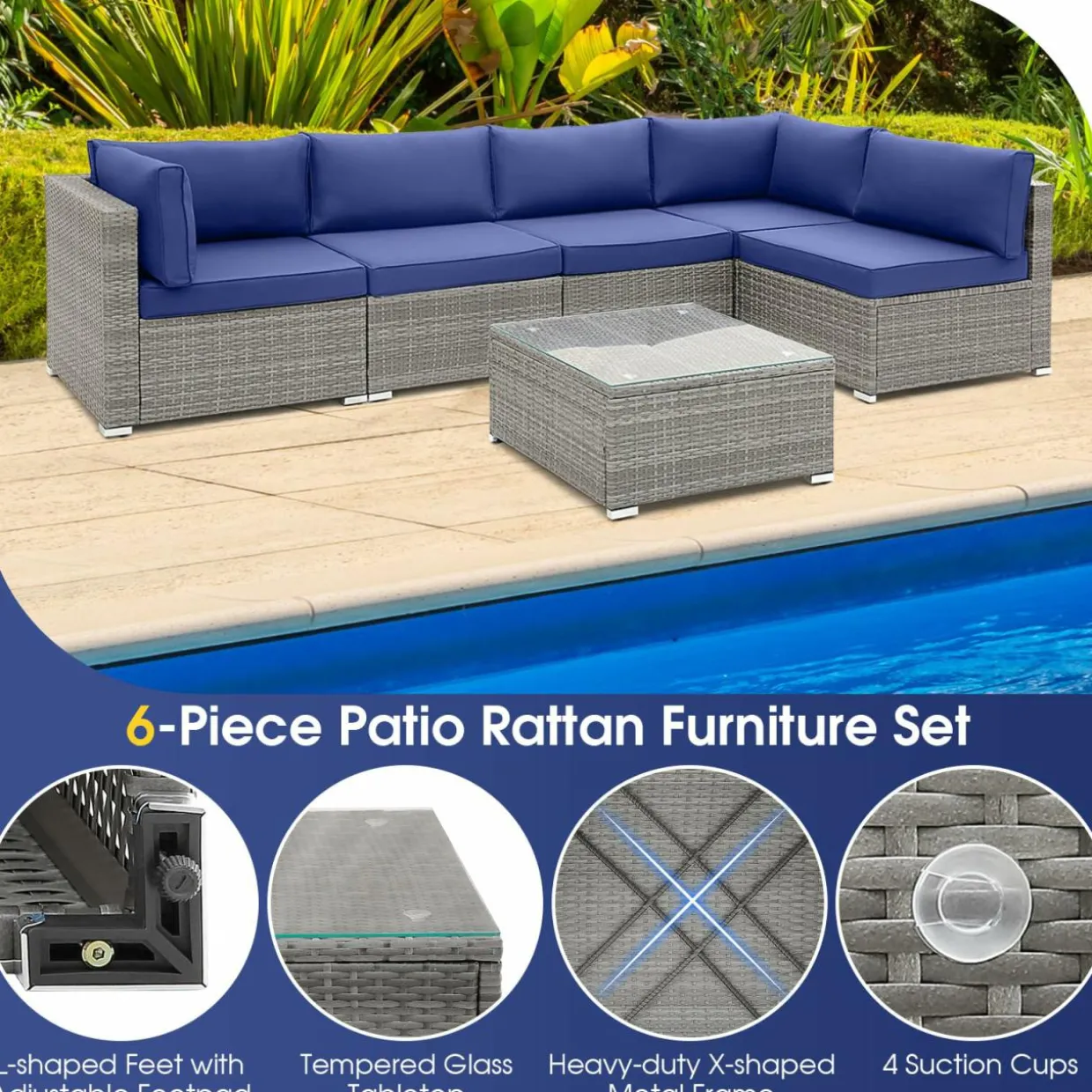 Outdoor Wicker Furniture Set with Tempered Glass Coffee Table, Comfy Seat & Back Cushions