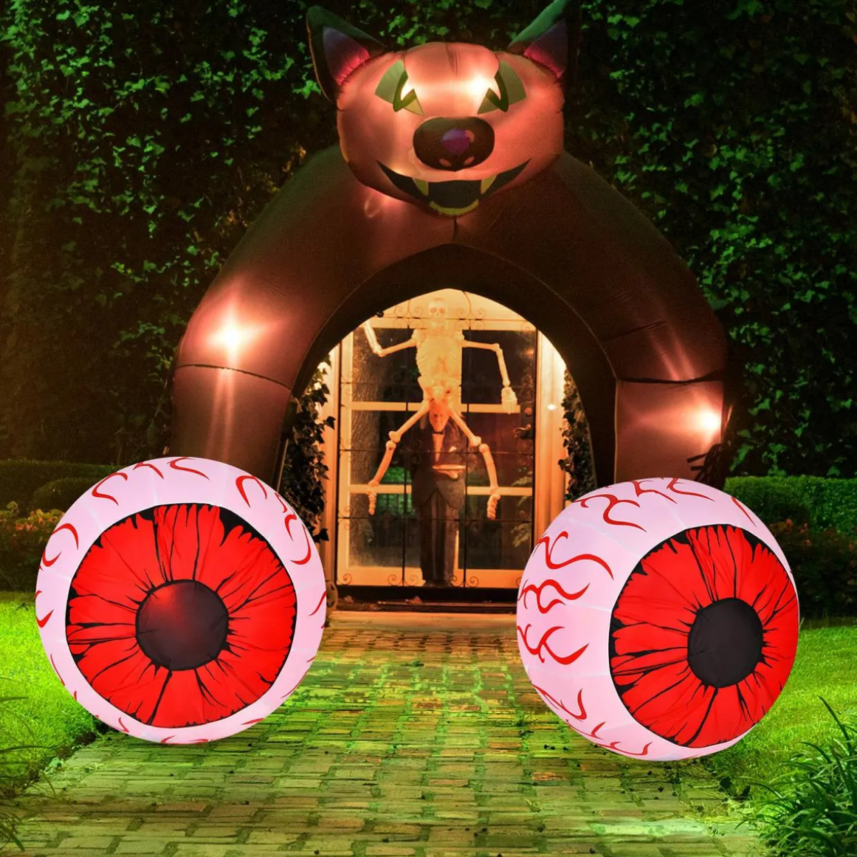 2 Pack 3 FT Halloween Inflatable Huge Eyeballs W/ Air Blower, Red LED Lights