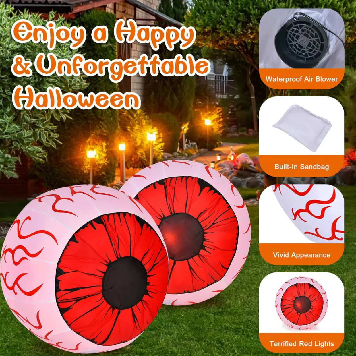 2 Pack 3 FT Halloween Inflatable Huge Eyeballs W/ Air Blower, Red LED Lights