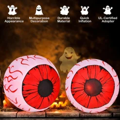 2 Pack 3 FT Halloween Inflatable Huge Eyeballs W/ Air Blower, Red LED Lights