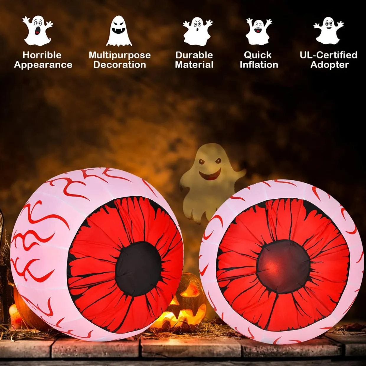 2 Pack 3 FT Halloween Inflatable Huge Eyeballs W/ Air Blower, Red LED Lights