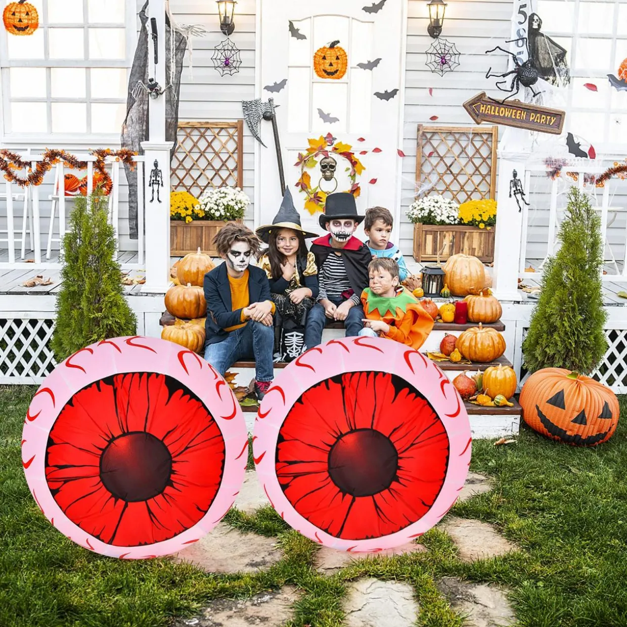 2 Pack 3 FT Halloween Inflatable Huge Eyeballs W/ Air Blower, Red LED Lights