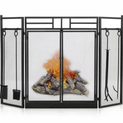 3-Panel Folding Fireplace Screen with Magnetic Hinged Doors, Mesh Cover with Wood Burning Stove Accessories, Black
