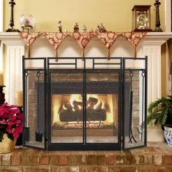 3-Panel Folding Fireplace Screen with Magnetic Hinged Doors, Mesh Cover with Wood Burning Stove Accessories, Black