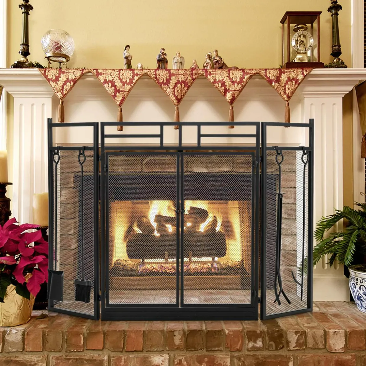 3-Panel Folding Fireplace Screen with Magnetic Hinged Doors, Mesh Cover with Wood Burning Stove Accessories, Black