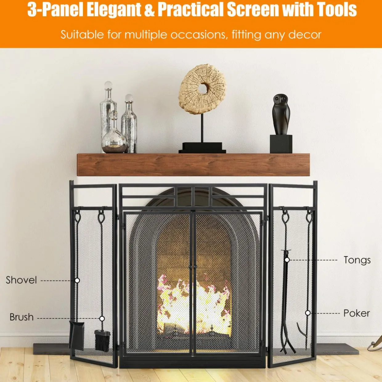 3-Panel Folding Fireplace Screen with Magnetic Hinged Doors, Mesh Cover with Wood Burning Stove Accessories, Black