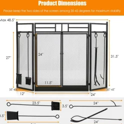 3-Panel Folding Fireplace Screen with Magnetic Hinged Doors, Mesh Cover with Wood Burning Stove Accessories, Black