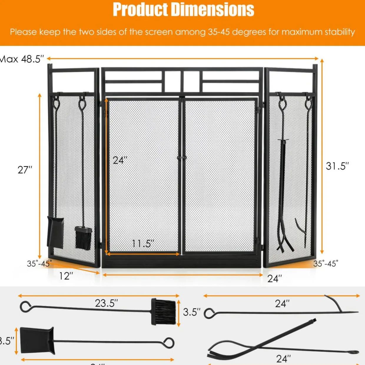 3-Panel Folding Fireplace Screen with Magnetic Hinged Doors, Mesh Cover with Wood Burning Stove Accessories, Black