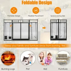 3-Panel Folding Fireplace Screen with Magnetic Hinged Doors, Mesh Cover with Wood Burning Stove Accessories, Black