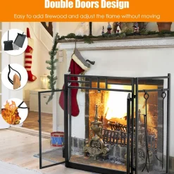 3-Panel Folding Fireplace Screen with Magnetic Hinged Doors, Mesh Cover with Wood Burning Stove Accessories, Black