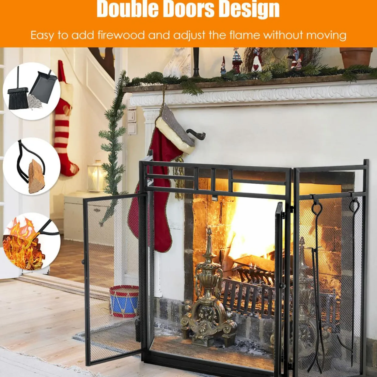 3-Panel Folding Fireplace Screen with Magnetic Hinged Doors, Mesh Cover with Wood Burning Stove Accessories, Black