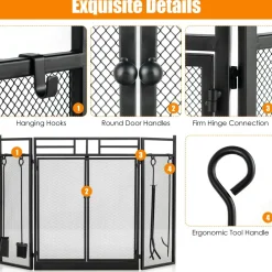 3-Panel Folding Fireplace Screen with Magnetic Hinged Doors, Mesh Cover with Wood Burning Stove Accessories, Black