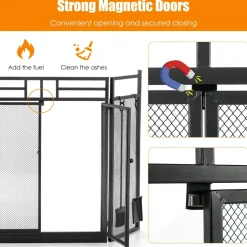 3-Panel Folding Fireplace Screen with Magnetic Hinged Doors, Mesh Cover with Wood Burning Stove Accessories, Black
