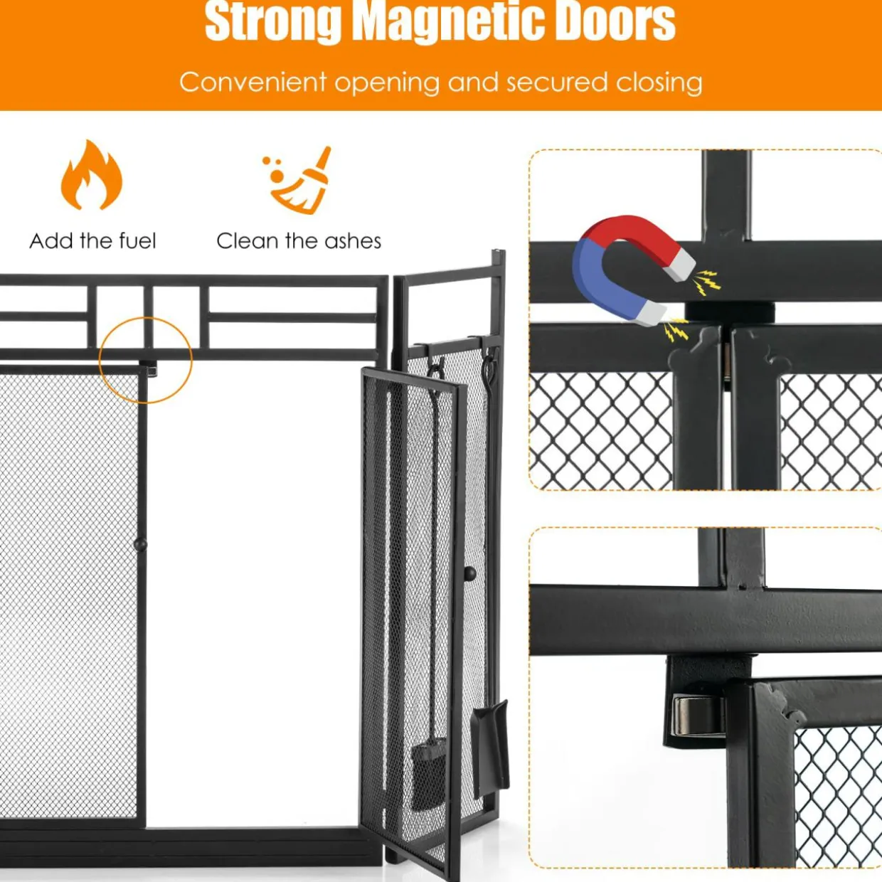 3-Panel Folding Fireplace Screen with Magnetic Hinged Doors, Mesh Cover with Wood Burning Stove Accessories, Black