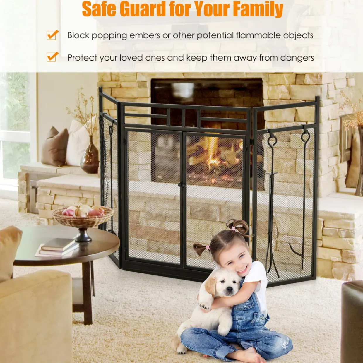 3-Panel Folding Fireplace Screen with Magnetic Hinged Doors, Mesh Cover with Wood Burning Stove Accessories, Black