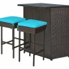 Patio Bar Set, 3 Piece Outdoor Rattan Wicker Bar Set with 2 Cushions Stools & Glass Top Table