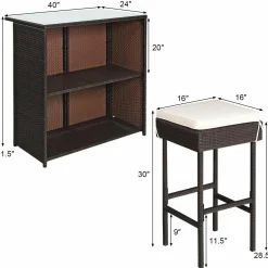 Patio Bar Set, 3 Piece Outdoor Rattan Wicker Bar Set with 2 Cushions Stools & Glass Top Table