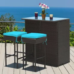 Patio Bar Set, 3 Piece Outdoor Rattan Wicker Bar Set with 2 Cushions Stools & Glass Top Table