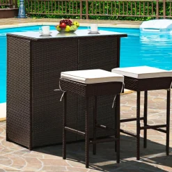 Patio Bar Set, 3 Piece Outdoor Rattan Wicker Bar Set with 2 Cushions Stools & Glass Top Table
