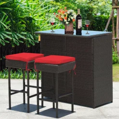 Patio Bar Set, 3 Piece Outdoor Rattan Wicker Bar Set with 2 Cushions Stools & Glass Top Table
