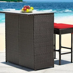 Patio Bar Set, 3 Piece Outdoor Rattan Wicker Bar Set with 2 Cushions Stools & Glass Top Table