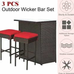 Patio Bar Set, 3 Piece Outdoor Rattan Wicker Bar Set with 2 Cushions Stools & Glass Top Table