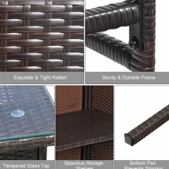 Patio Bar Set, 3 Piece Outdoor Rattan Wicker Bar Set with 2 Cushions Stools & Glass Top Table