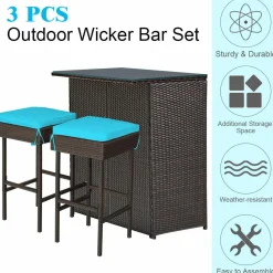 Patio Bar Set, 3 Piece Outdoor Rattan Wicker Bar Set with 2 Cushions Stools & Glass Top Table
