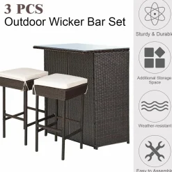 Patio Bar Set, 3 Piece Outdoor Rattan Wicker Bar Set with 2 Cushions Stools & Glass Top Table