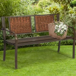 Patio Garden Bench with Wicker Backrest