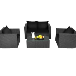 Patio Rattan Conversation Furniture Set, Outdoor Wicker Sofa Set with Padded Cushion & Tempered Glass Coffee Table
