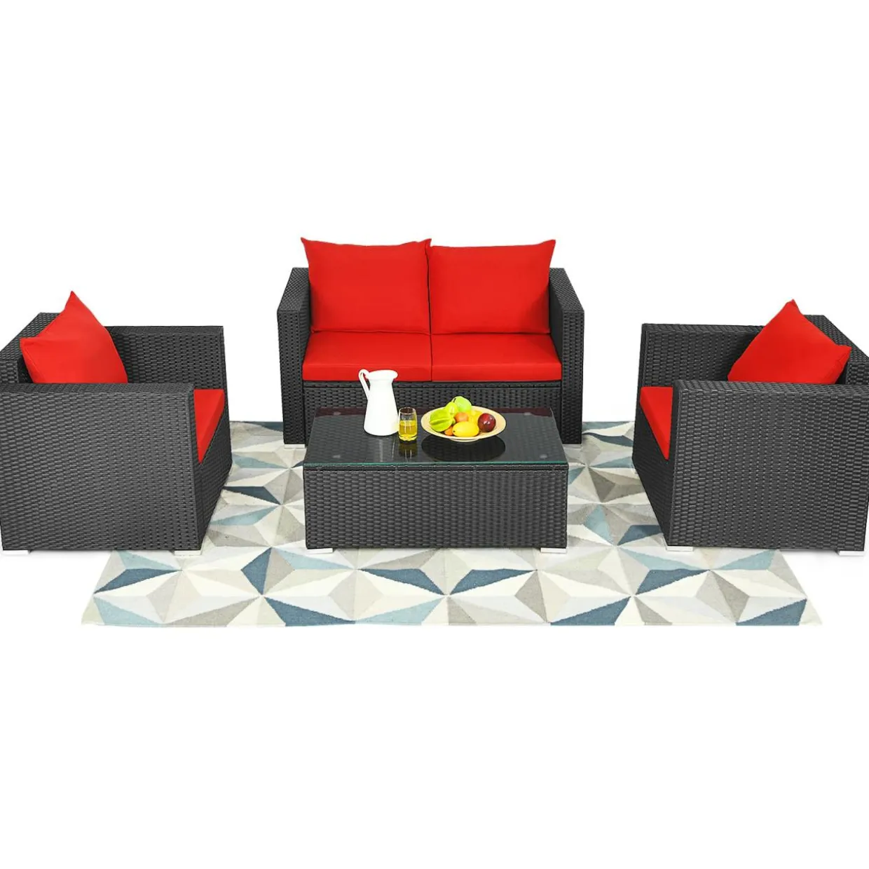 Patio Rattan Conversation Furniture Set, Outdoor Wicker Sofa Set with Padded Cushion & Tempered Glass Coffee Table