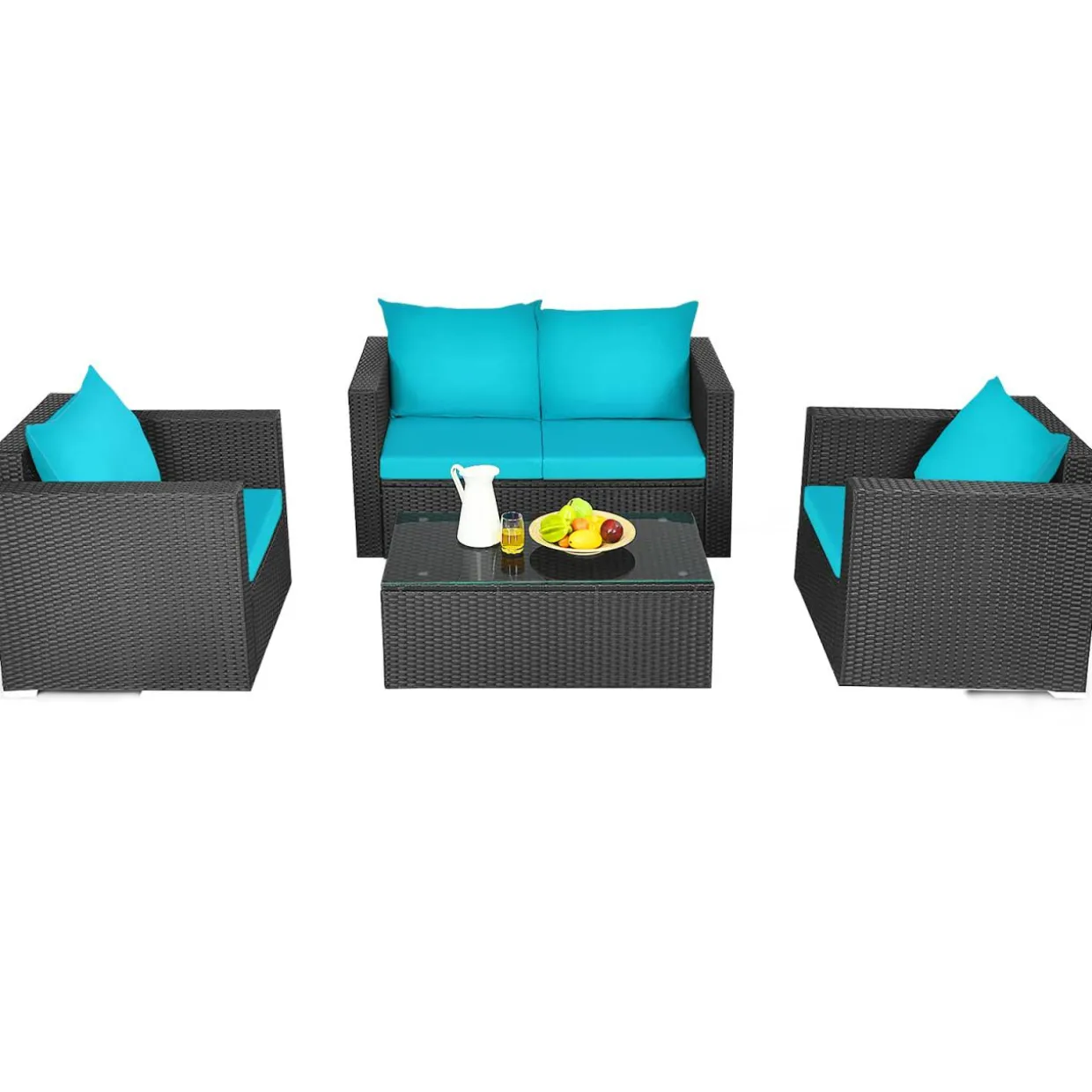 Patio Rattan Conversation Furniture Set, Outdoor Wicker Sofa Set with Padded Cushion & Tempered Glass Coffee Table