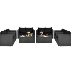 Patio Rattan Conversation Furniture Set, Outdoor Wicker Sofa Set with Padded Cushion & Tempered Glass Coffee Table
