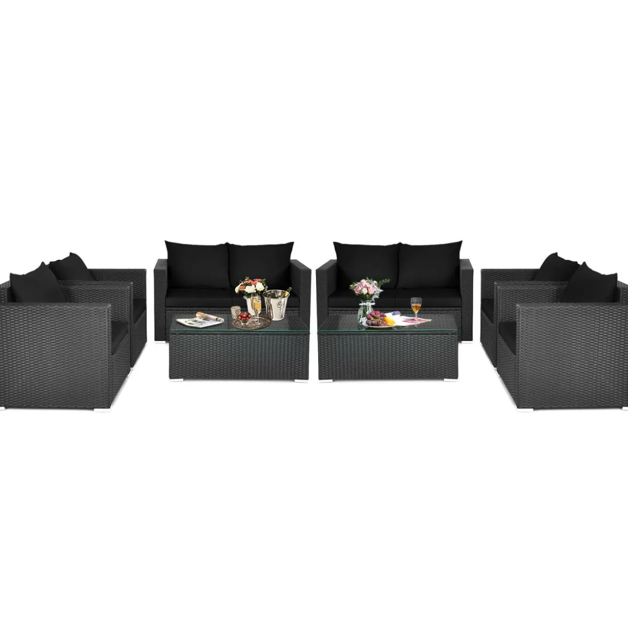 Patio Rattan Conversation Furniture Set, Outdoor Wicker Sofa Set with Padded Cushion & Tempered Glass Coffee Table