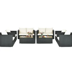 Patio Rattan Conversation Furniture Set, Outdoor Wicker Sofa Set with Padded Cushion & Tempered Glass Coffee Table