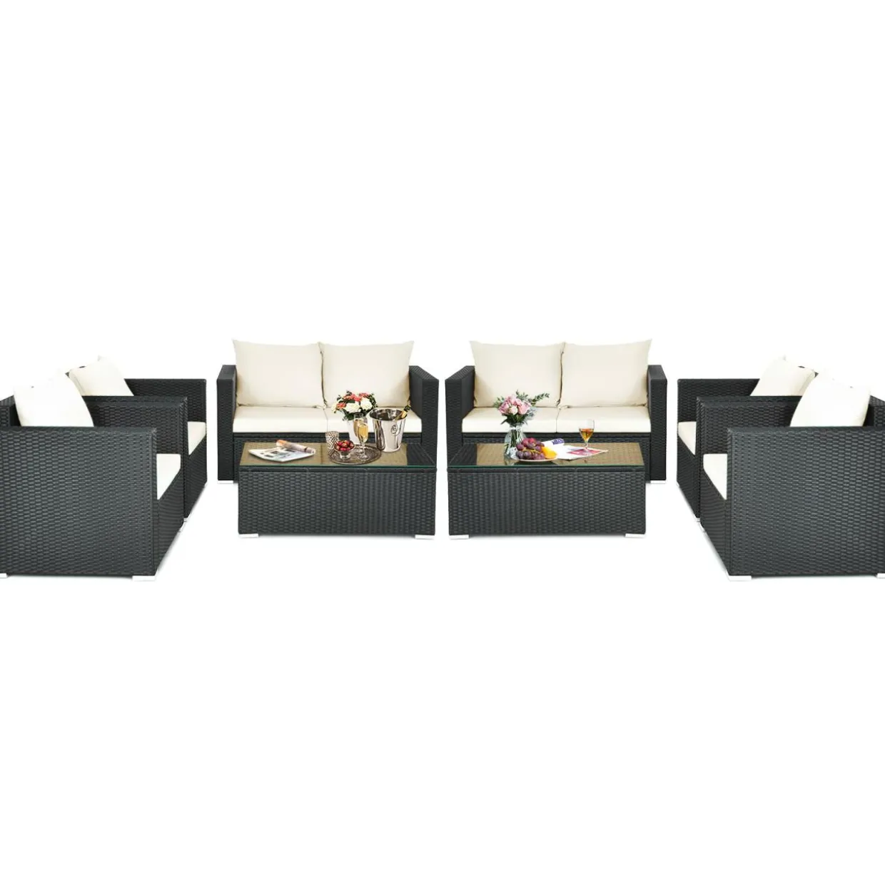 Patio Rattan Conversation Furniture Set, Outdoor Wicker Sofa Set with Padded Cushion & Tempered Glass Coffee Table