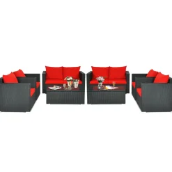 Patio Rattan Conversation Furniture Set, Outdoor Wicker Sofa Set with Padded Cushion & Tempered Glass Coffee Table
