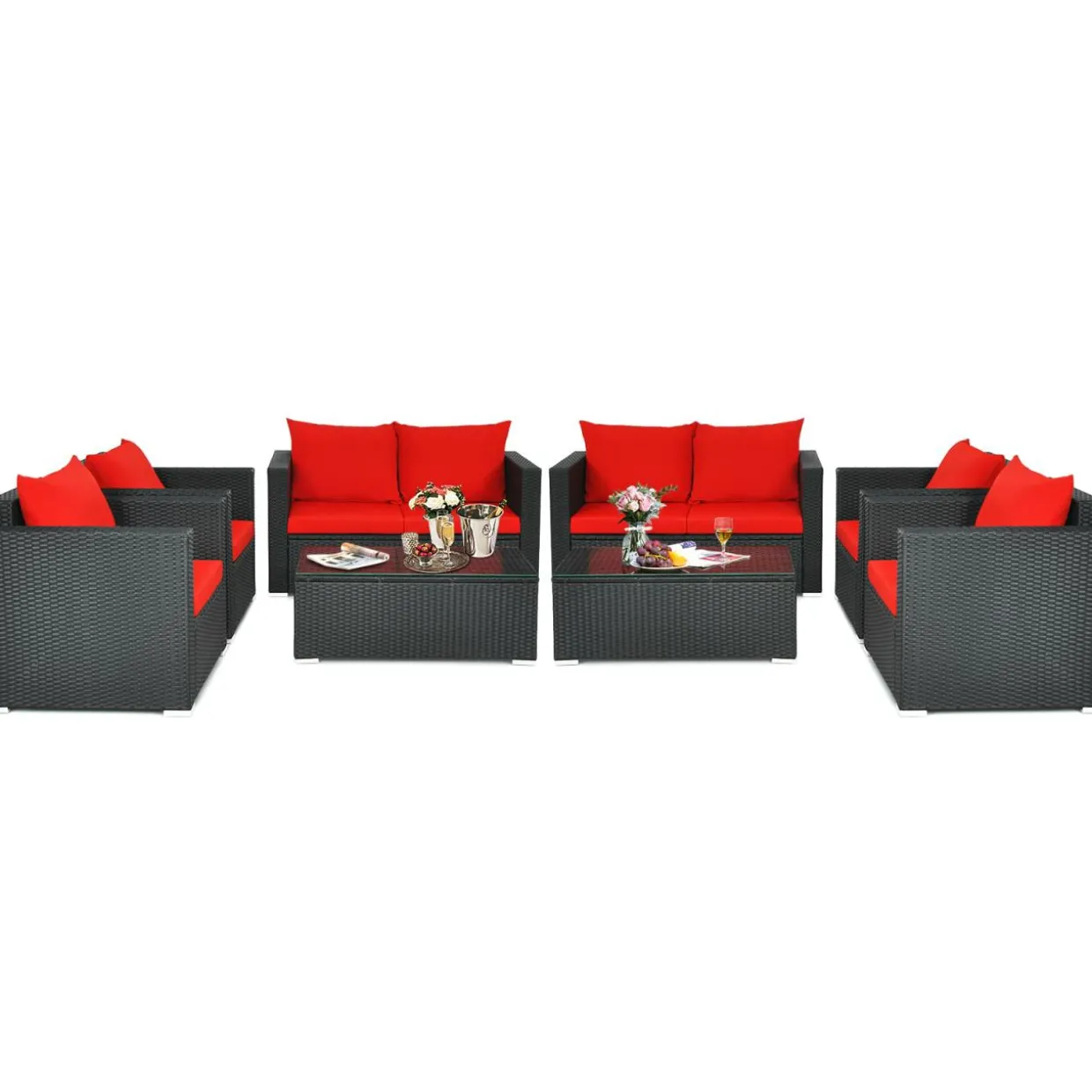 Patio Rattan Conversation Furniture Set, Outdoor Wicker Sofa Set with Padded Cushion & Tempered Glass Coffee Table