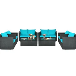 Patio Rattan Conversation Furniture Set, Outdoor Wicker Sofa Set with Padded Cushion & Tempered Glass Coffee Table