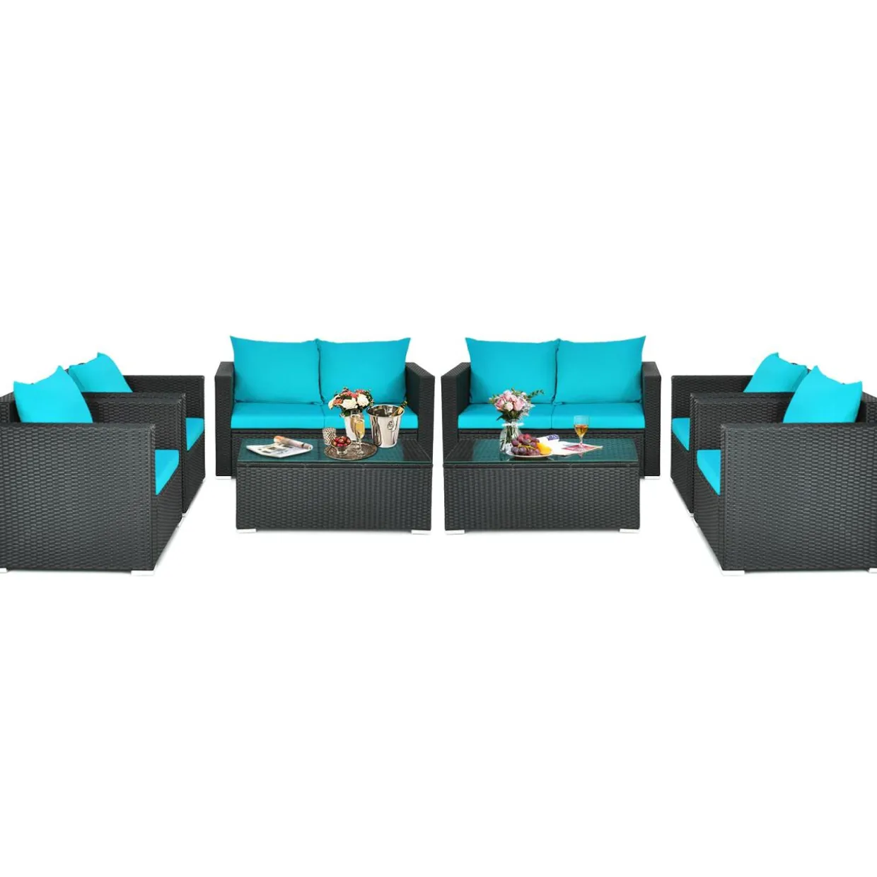 Patio Rattan Conversation Furniture Set, Outdoor Wicker Sofa Set with Padded Cushion & Tempered Glass Coffee Table