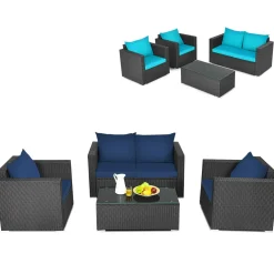 Patio Rattan Conversation Furniture Set, Outdoor Wicker Sofa Set with Padded Cushion & Tempered Glass Coffee Table