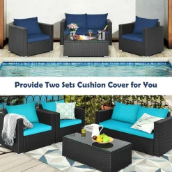 Patio Rattan Conversation Furniture Set, Outdoor Wicker Sofa Set with Padded Cushion & Tempered Glass Coffee Table