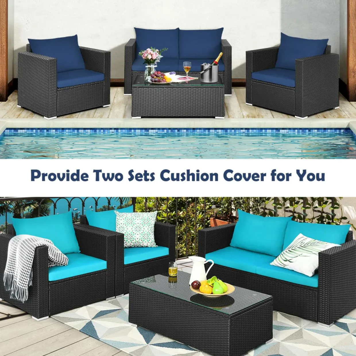 Patio Rattan Conversation Furniture Set, Outdoor Wicker Sofa Set with Padded Cushion & Tempered Glass Coffee Table