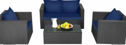 Patio Rattan Conversation Furniture Set, Outdoor Wicker Sofa Set with Padded Cushion & Tempered Glass Coffee Table