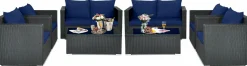 Patio Rattan Conversation Furniture Set, Outdoor Wicker Sofa Set with Padded Cushion & Tempered Glass Coffee Table