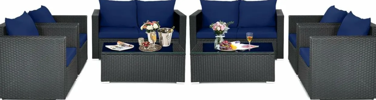Patio Rattan Conversation Furniture Set, Outdoor Wicker Sofa Set with Padded Cushion & Tempered Glass Coffee Table